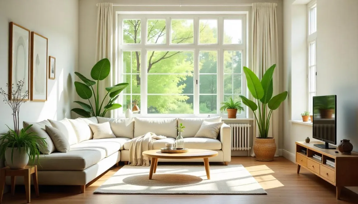 Bright, minimalist living room with natural light, green plants, energy-efficient lighting, and organized, clutter-free space symbolizing eco-friendly living.