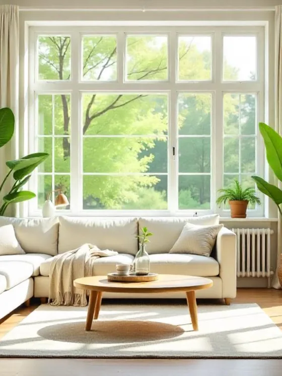 Bright, minimalist living room with natural light, green plants, energy-efficient lighting, and organized, clutter-free space symbolizing eco-friendly living.