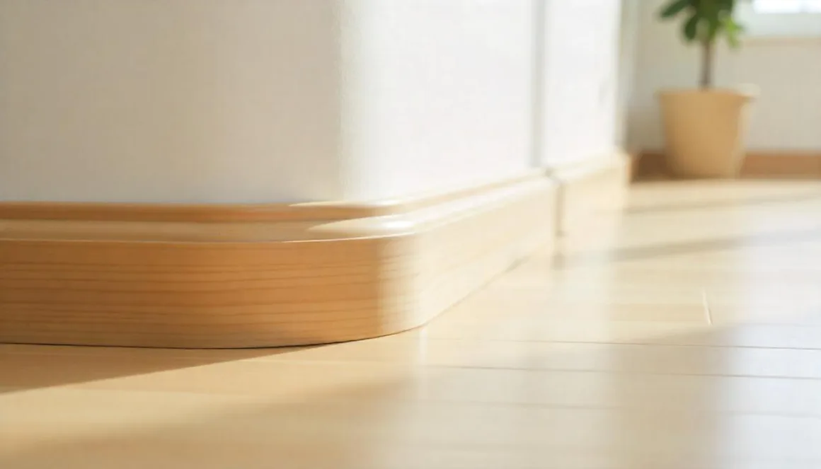 Close-up of a curved wall meeting the floor with smooth, neatly installed wooden quarter round trim in a bright, modern home interior.
