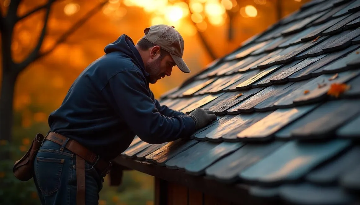 A roofer is repairing a slate roof on a house.