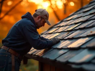 A roofer is repairing a slate roof on a house.