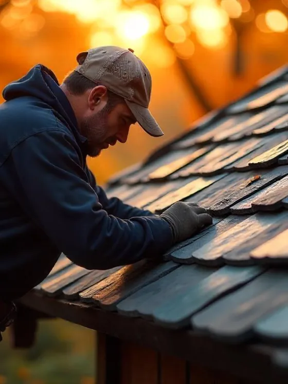 A roofer is repairing a slate roof on a house.