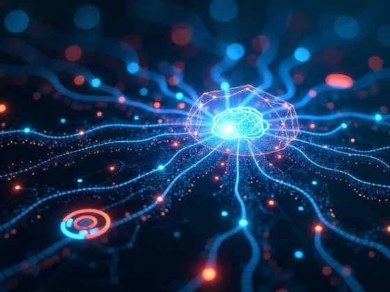 A futuristic digital landscape with glowing AI symbols, neural networks, data streams, and holographic interfaces representing healthcare, education, finance, and science.