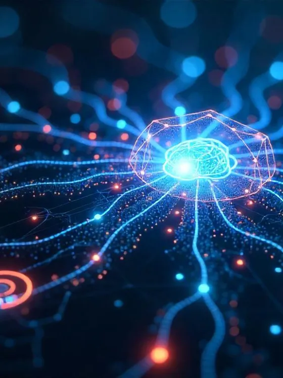 A futuristic digital landscape with glowing AI symbols, neural networks, data streams, and holographic interfaces representing healthcare, education, finance, and science.