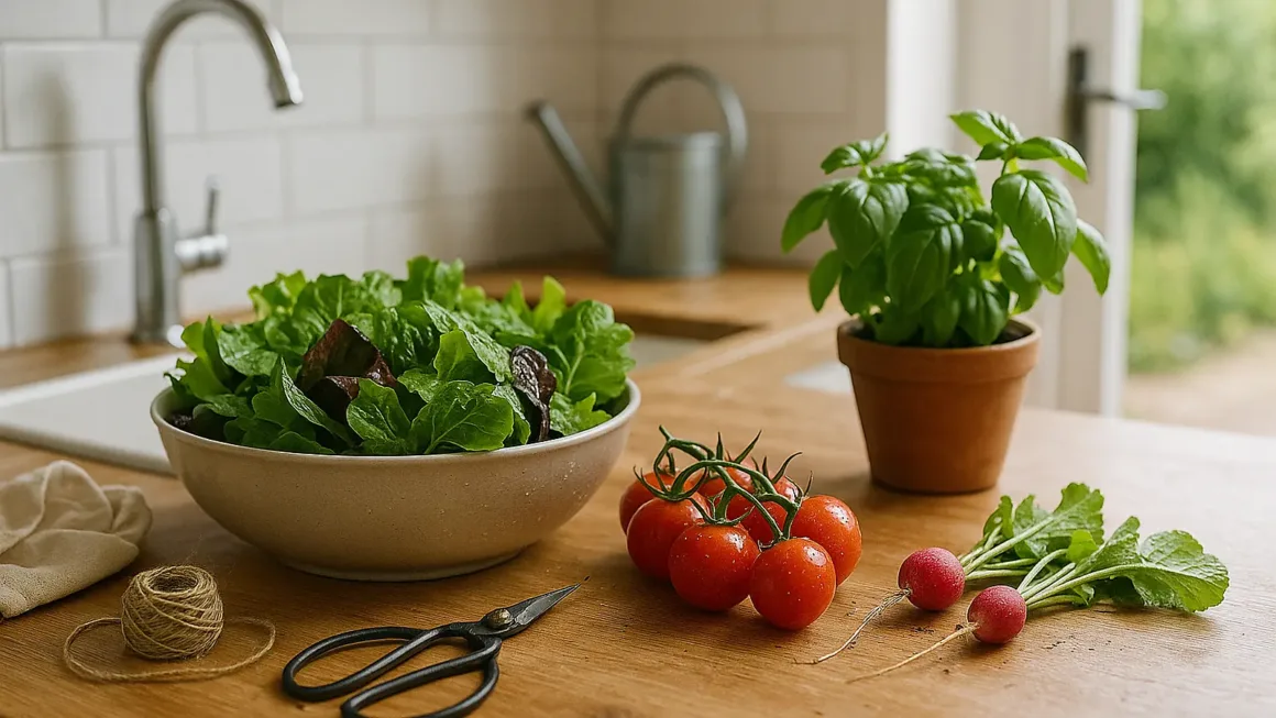 Fresh UK home harvest on a wooden kitchen worktop—bowl of salad leaves, cherry tomatoes, radishes, and a pot of basil in soft window light.