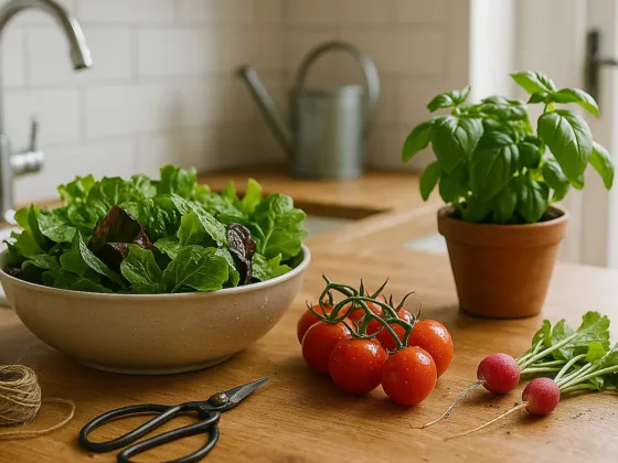 Fresh UK home harvest on a wooden kitchen worktop—bowl of salad leaves, cherry tomatoes, radishes, and a pot of basil in soft window light.