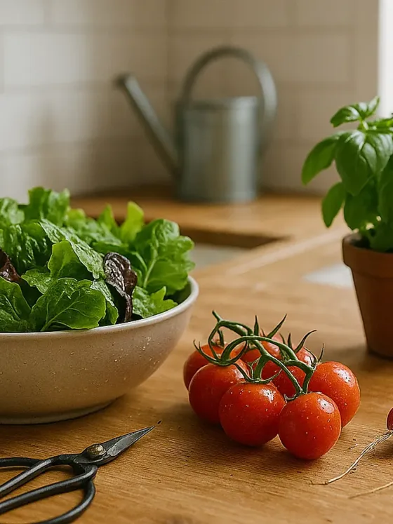 Fresh UK home harvest on a wooden kitchen worktop—bowl of salad leaves, cherry tomatoes, radishes, and a pot of basil in soft window light.