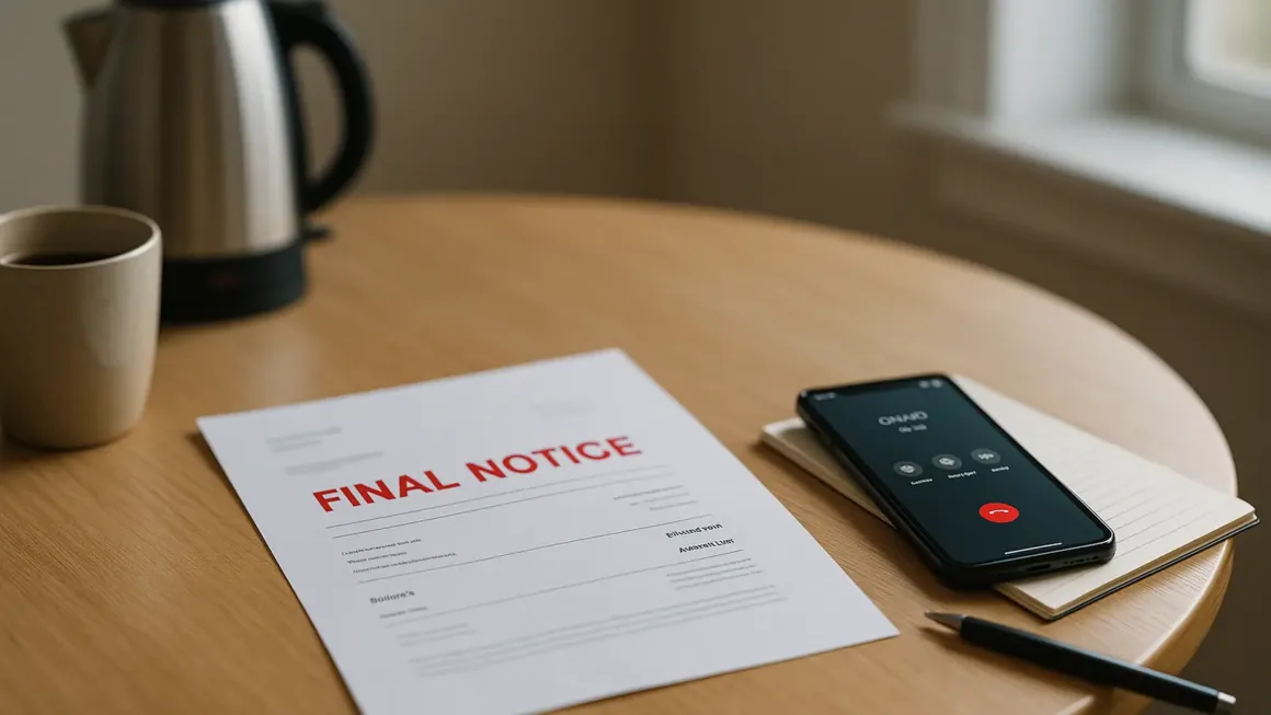 UK home table with a final-notice utility bill and a phone on speaker—calm, practical scene.
