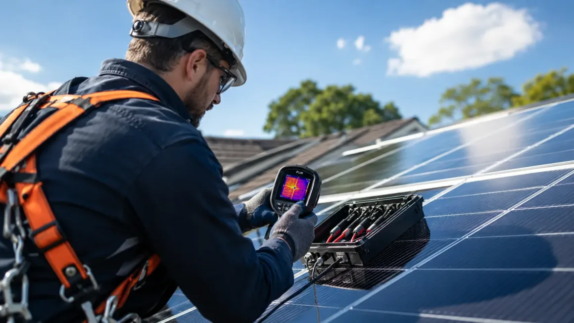 Certified technician using a thermal imaging camera to inspect rooftop solar PV array electrical connections.