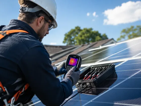 Certified technician using a thermal imaging camera to inspect rooftop solar PV array electrical connections.