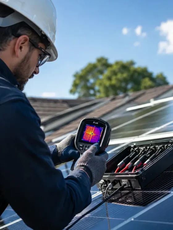 Certified technician using a thermal imaging camera to inspect rooftop solar PV array electrical connections.
